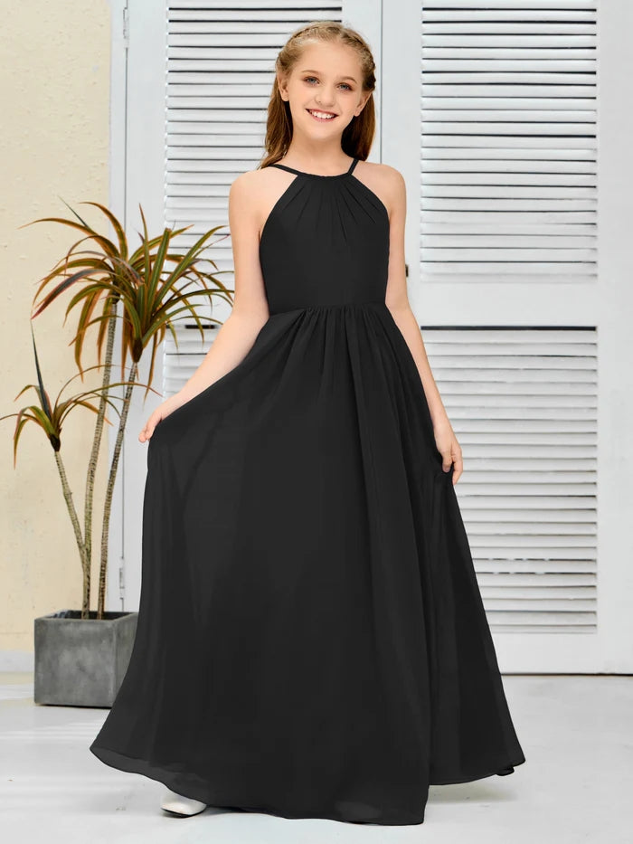 Halter Floor-Length Chiffon Simple Junior Bridesmaid Dress/Girls dress Gidiondress