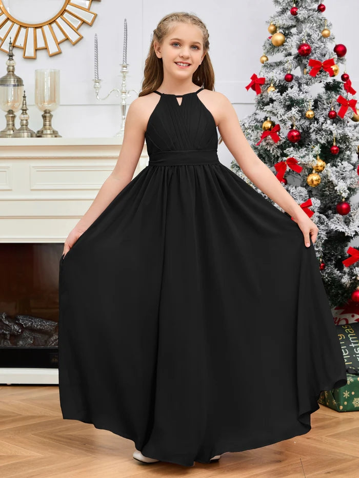 Halter A-Line Classic Floor-Length Chiffon Girls Birthday Dresses/Junior Bridesmaid Dress With Pleated/Belt Gidiondress