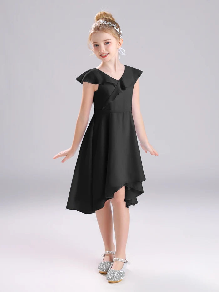 Girls Birthday Dresses V-Neck Cape Chiffon Asymmetrical Junior Bridesmaid Dress/Party Dresses With Belt Girls Gidiondress