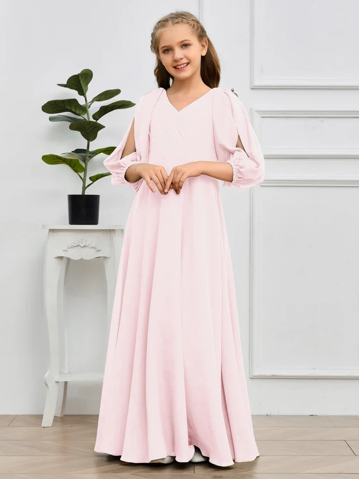 A-line V-Neck Floor-Length Chiffon Junior Bridesmaid Dresses Gidiondress