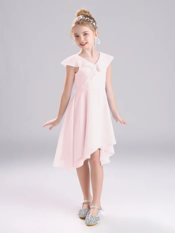 Girls Birthday Dresses V-Neck Cape Chiffon Asymmetrical Junior Bridesmaid Dress/Party Dresses With Belt Girls Gidiondress