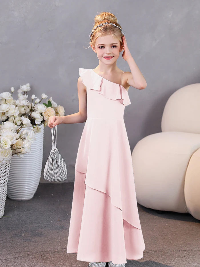 Girls Birthday Dresses One-Shoulder Sleeveless Chiffon Floor-Length Graceful Junior Bridesmaid Dress/Party Dresses With Ruffled Hem Gidiondress