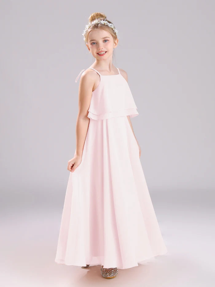 Girls Birthday Dresses Square Neck Spaghetti Straps Chiffon Floor-Length Junior Bridesmaid Dress/Party Dresses Gidiondress