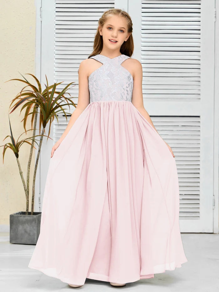 Halter Floor-Length Satin/Chiffon/Lace Junior Bridesmaid Dress/Girls Birthday Dresses Gidiondress