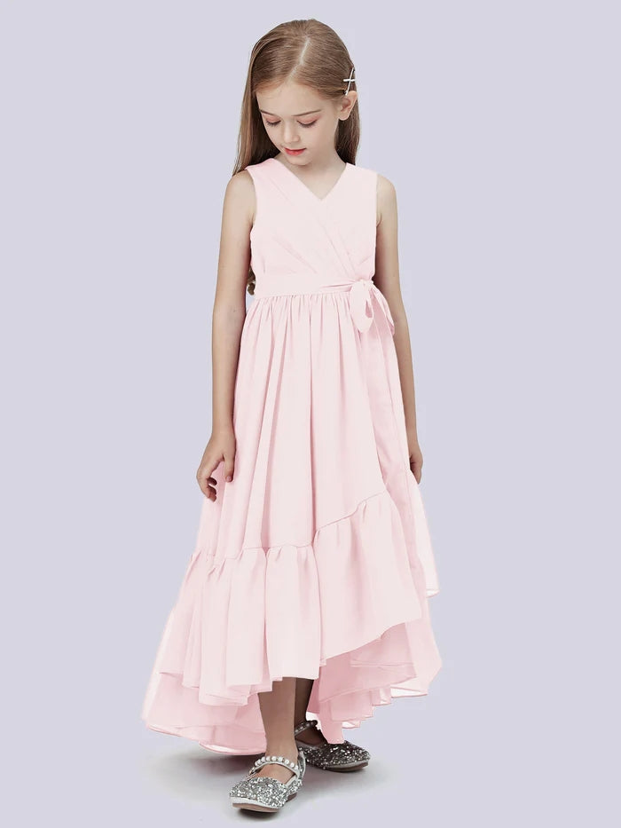 Asymmetrical Chiffon Junior Bridesmaid Dress/Girls Birthday Dresses With Pleated/Belt/Ruffled Gidiondress