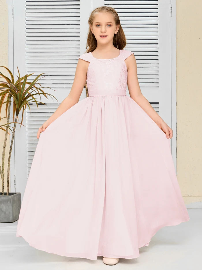 Floor-Length Pearl Pink Chiffon/Lace Junior Bridesmaid Dress/Girls dress Gidiondress