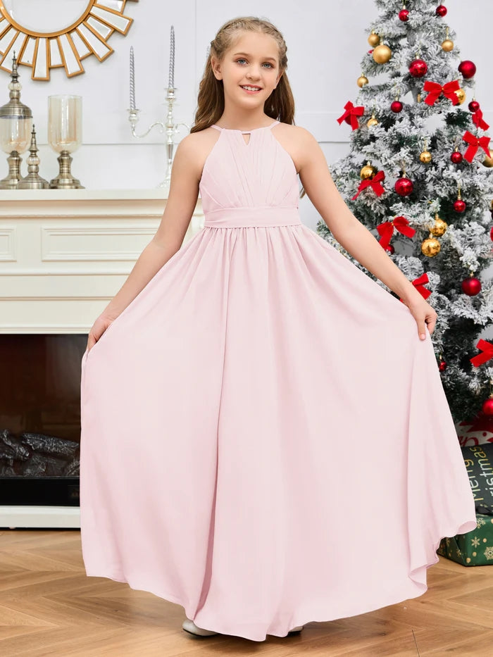 Halter A-Line Classic Floor-Length Chiffon Girls Birthday Dresses/Junior Bridesmaid Dress With Pleated/Belt Gidiondress