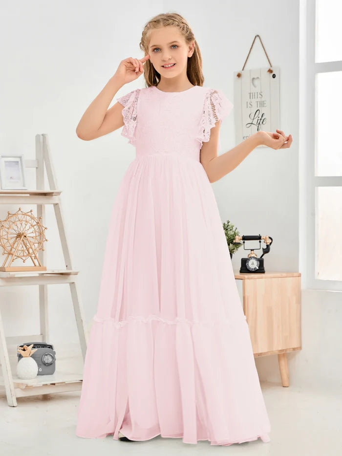 A-Line Scoop Neck Flutter straps Floor-Length Lace/Chiffon Junior Bridesmaid Dress/First Communion Dress With Lace Girls Gidiondress