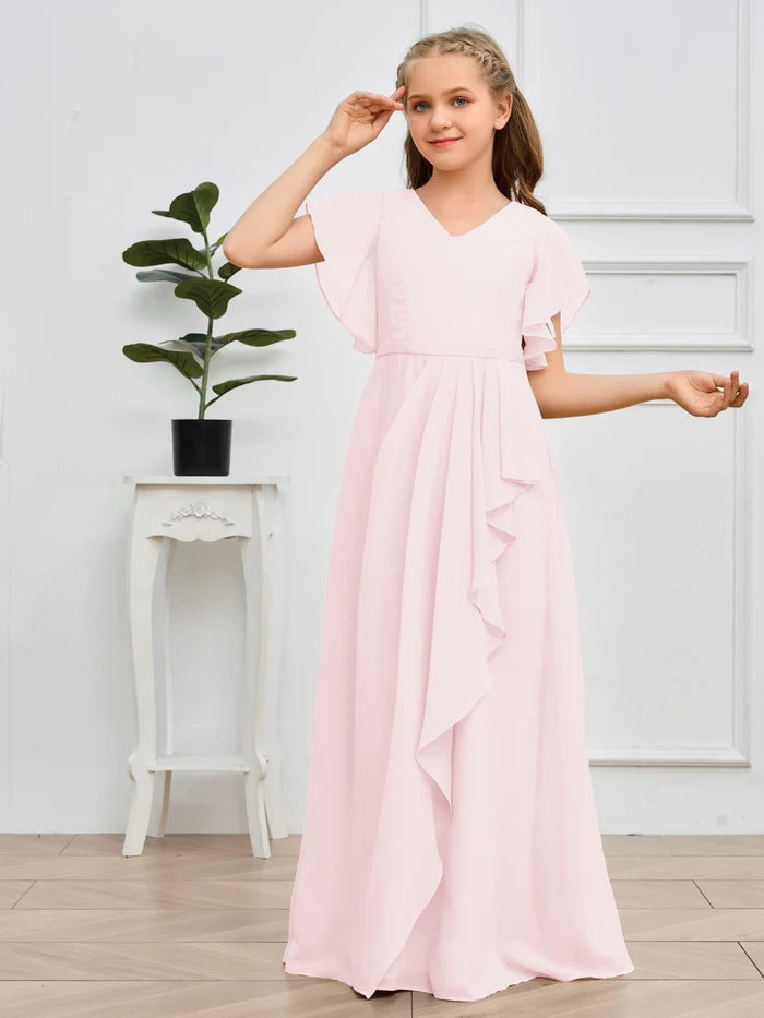 V-Neck Flutter straps Floor-Length Chiffon Junior Bridesmaid Dress/Girls Birthday Dresses Gidiondress