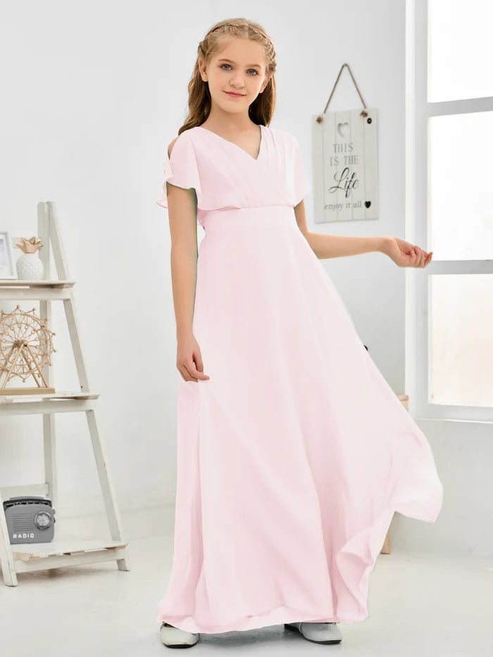 A-line V-Neck Floor-Length Chiffon Junior Bridesmaid Dress Gidiondress