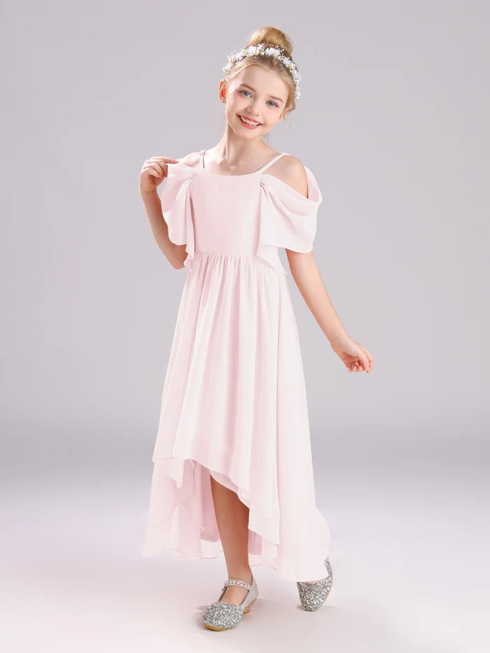 Girls Birthday Dresses Cold Shoulder Flutter Straps Chiffon Asymmetrical Junior Bridesmaid Dress/Party Dresses With Pleated Gidiondress