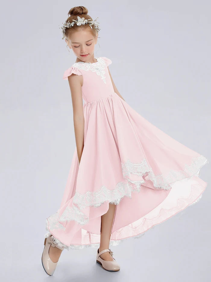 Asymmetrical Cap Sleeve Scoop Neck Cute Ankel-Length Lace/Chiffon Junior Bridesmaid Dress With Appliques Gidiondress Blushing Pink 12M