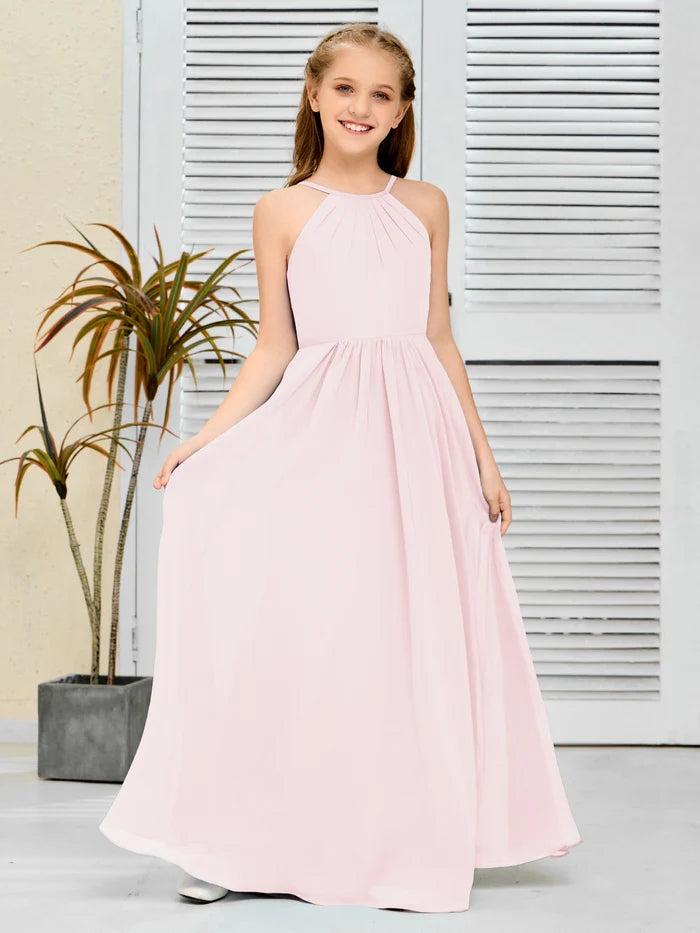 Halter Floor-Length Chiffon Simple Junior Bridesmaid Dress/Girls dress Gidiondress