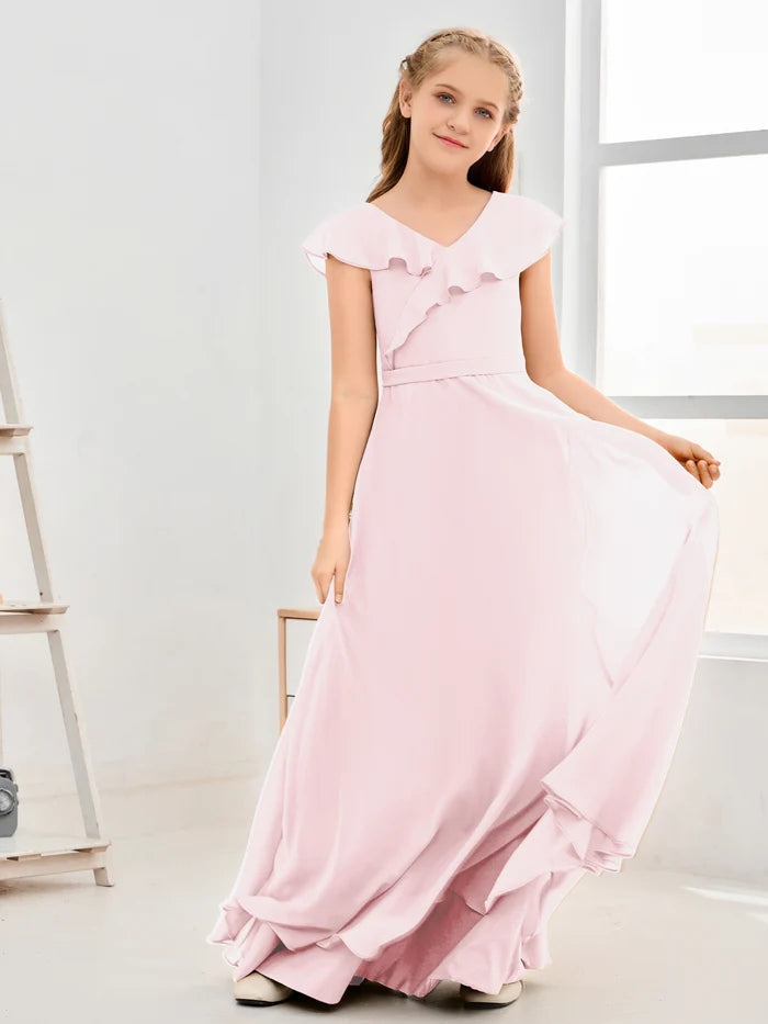 Floor-Length Chiffon Asymmetrical Junior Bridesmaid Dress/Girls Dress Gidiondress