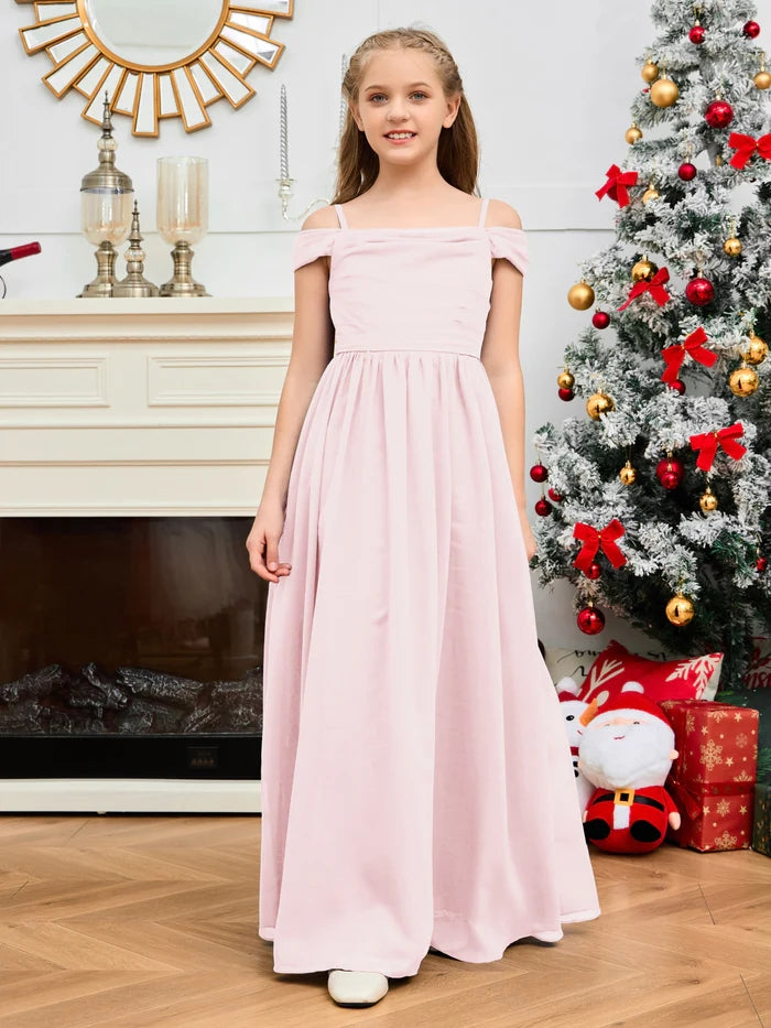 A-Line Floor-Length Chiffon Cold Shoulder Junior Bridesmaid Dress/Girls Birthday Dresses With Cape Gidiondress