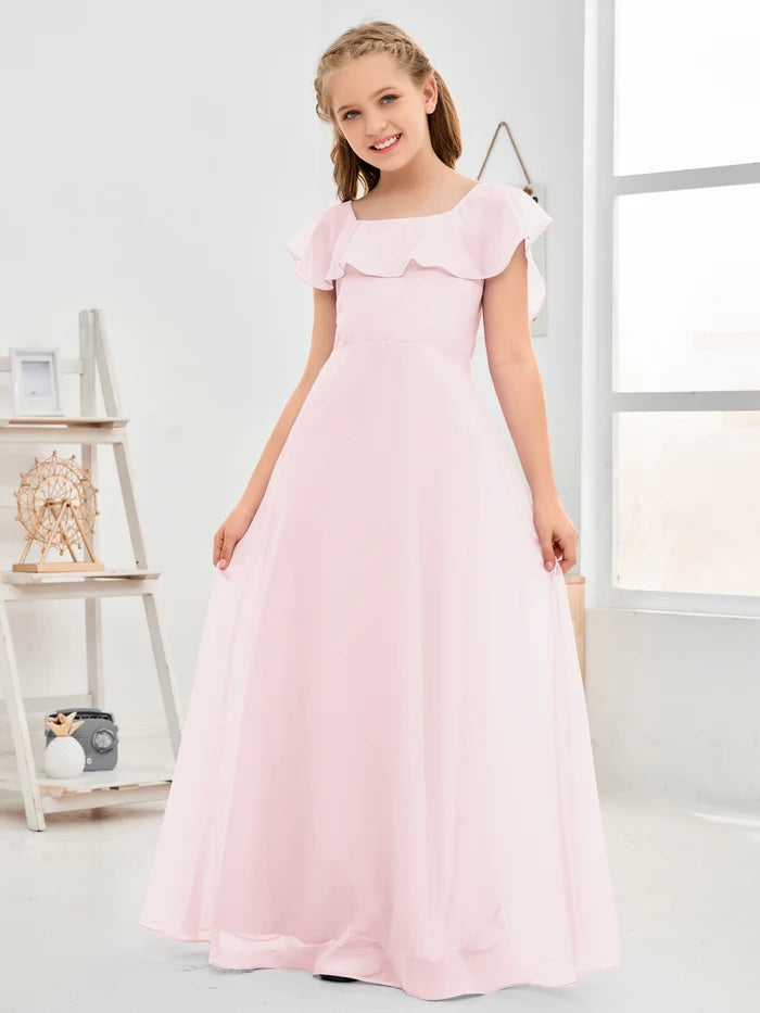 A-Line Square Flutter straps Simple Floor-Length Lilac Chiffon Junior Bridesmaid Dress/Girls Birthday Dresses Gidiondress