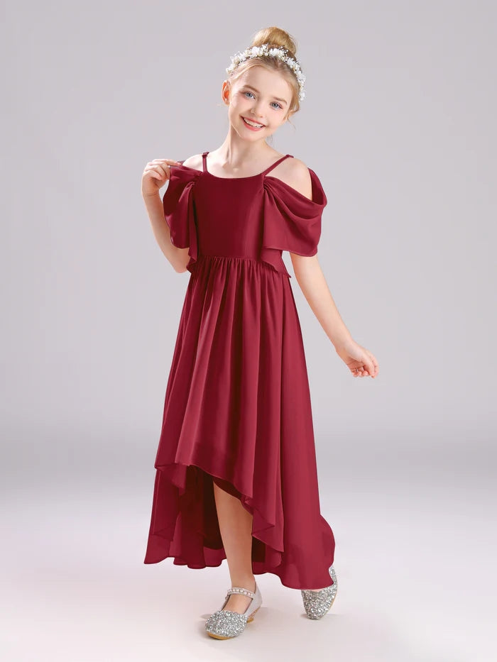 Girls Birthday Dresses Cold Shoulder Flutter Straps Chiffon Asymmetrical Junior Bridesmaid Dress/Party Dresses With Pleated Gidiondress
