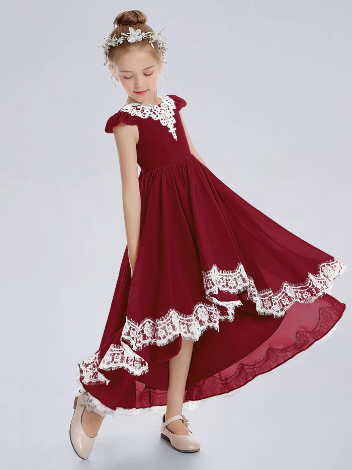 Asymmetrical Cap Sleeve Scoop Neck Cute Ankel-Length Lace/Chiffon Junior Bridesmaid Dress With Appliques Gidiondress