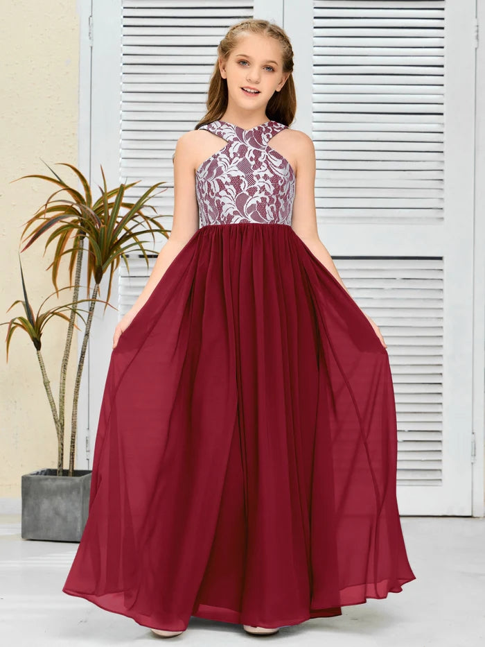 Halter Floor-Length Satin/Chiffon/Lace Junior Bridesmaid Dress/Girls Birthday Dresses Gidiondress