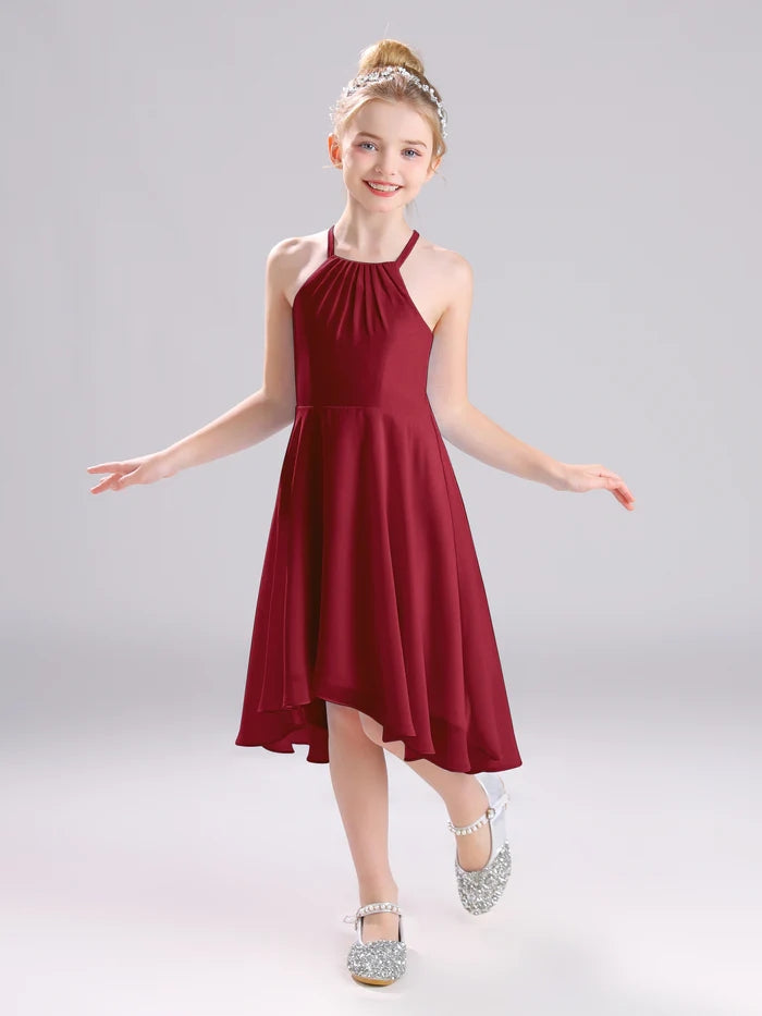 Girls Birthday Dresses Halter Spaghetti Straps Chiffon Asymmetrical Knee-Length Junior Bridesmaid Dress/Party Dresses With Pleated Gidiondress