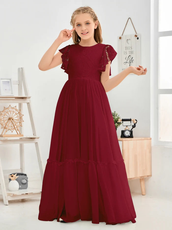 A-Line Scoop Neck Flutter straps Floor-Length Lace/Chiffon Junior Bridesmaid Dress/First Communion Dress With Lace Girls Gidiondress