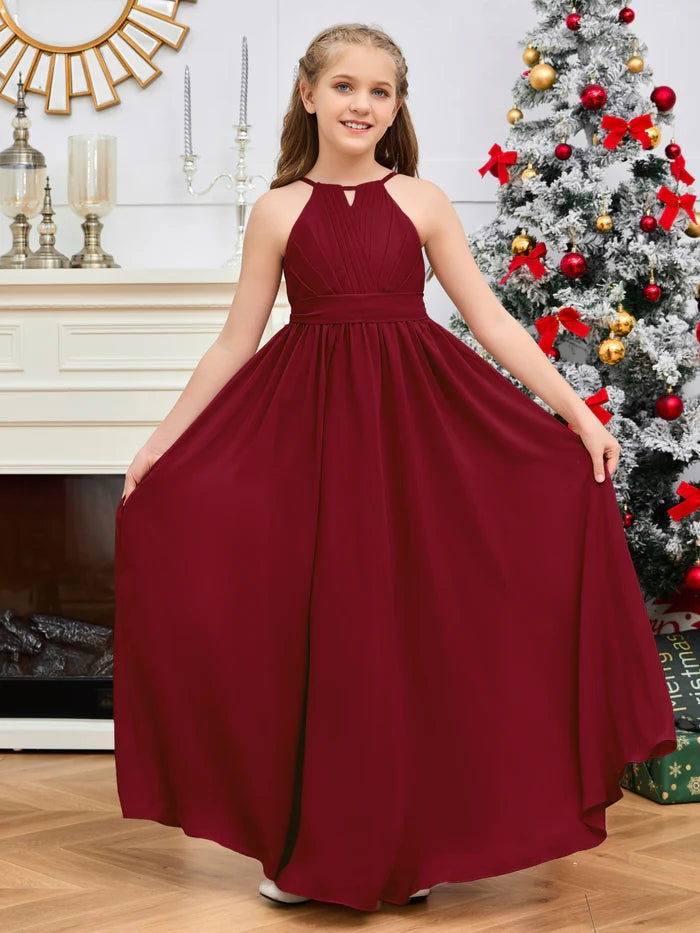 Halter A-Line Classic Floor-Length Chiffon Girls Birthday Dresses/Junior Bridesmaid Dress With Pleated/Belt Gidiondress