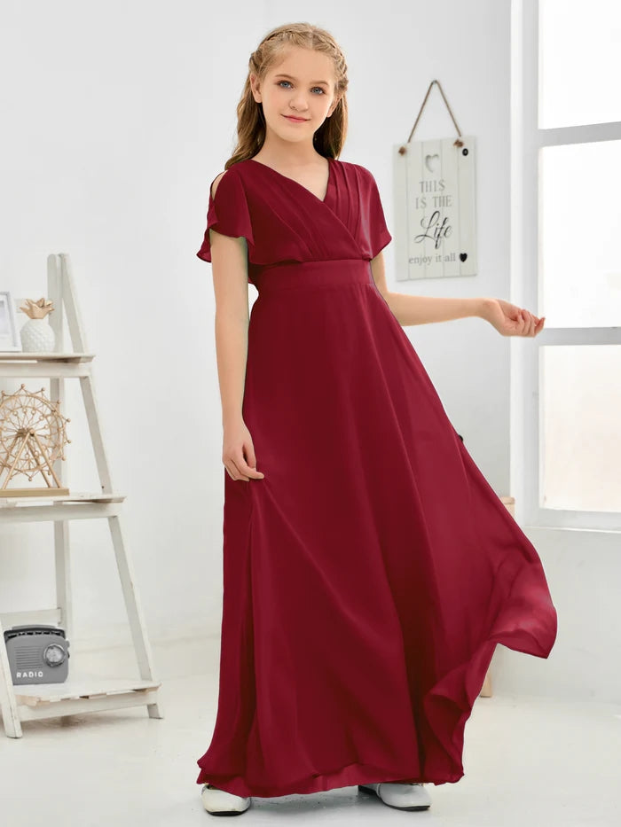 A-line V-Neck Floor-Length Chiffon Junior Bridesmaid Dress Gidiondress