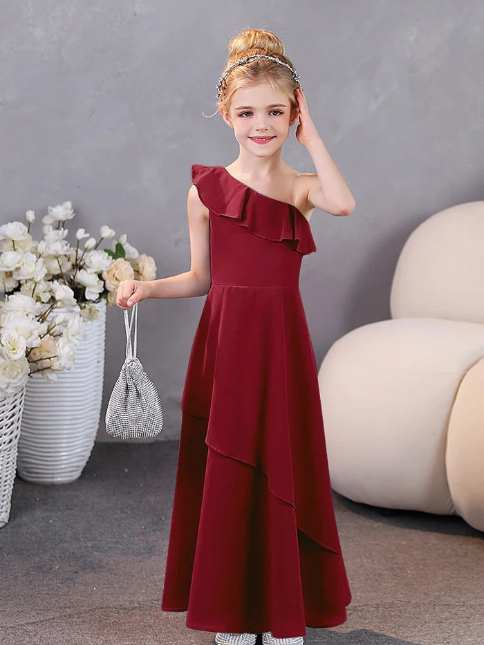Girls Birthday Dresses One-Shoulder Sleeveless Chiffon Floor-Length Graceful Junior Bridesmaid Dress/Party Dresses With Ruffled Hem Gidiondress