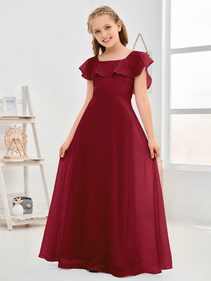 A-Line Square Flutter straps Simple Floor-Length Lilac Chiffon Junior Bridesmaid Dress/Girls Birthday Dresses Gidiondress