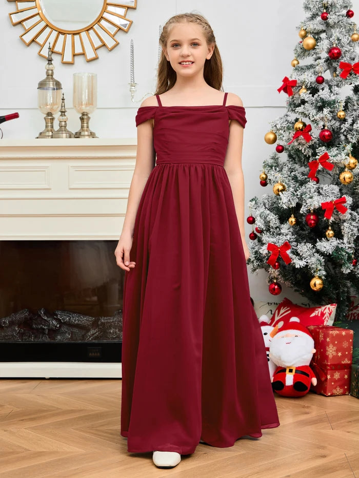 A-Line Floor-Length Chiffon Cold Shoulder Junior Bridesmaid Dress/Girls Birthday Dresses With Cape Gidiondress