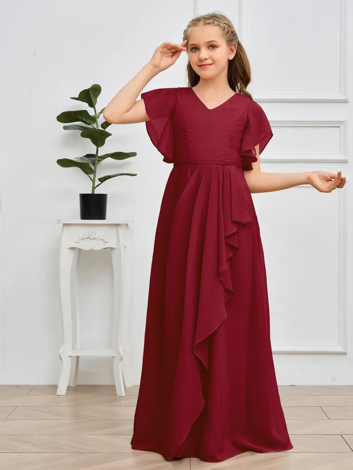 V-Neck Flutter straps Floor-Length Chiffon Junior Bridesmaid Dress/Girls Birthday Dresses Gidiondress