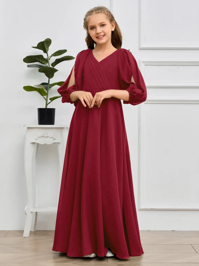 A-line V-Neck Floor-Length Chiffon Junior Bridesmaid Dresses Gidiondress