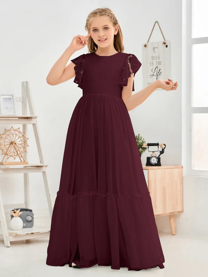 A-Line Scoop Neck Flutter straps Floor-Length Lace/Chiffon Junior Bridesmaid Dress/First Communion Dress With Lace Girls Gidiondress