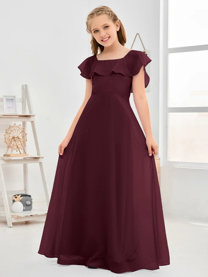A-Line Square Flutter straps Simple Floor-Length Lilac Chiffon Junior Bridesmaid Dress/Girls Birthday Dresses Gidiondress