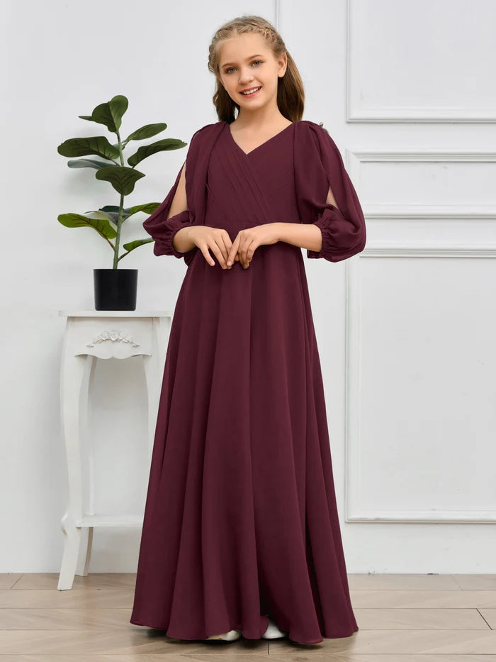 A-line V-Neck Floor-Length Chiffon Junior Bridesmaid Dresses Gidiondress