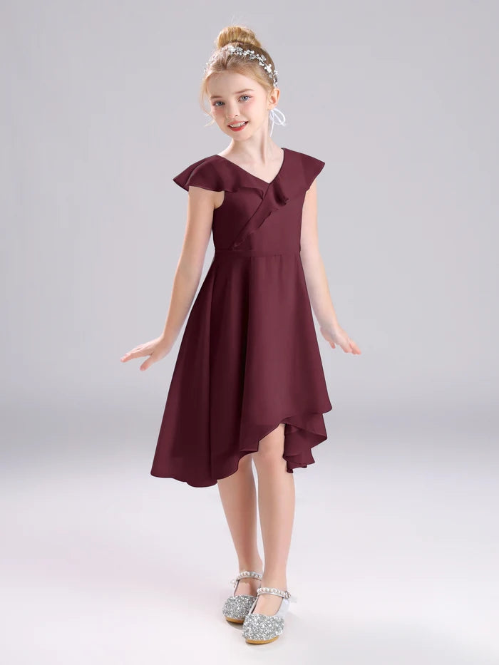 Girls Birthday Dresses V-Neck Cape Chiffon Asymmetrical Junior Bridesmaid Dress/Party Dresses With Belt Girls Gidiondress