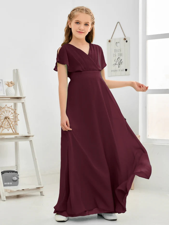 A-line V-Neck Floor-Length Chiffon Junior Bridesmaid Dress Gidiondress