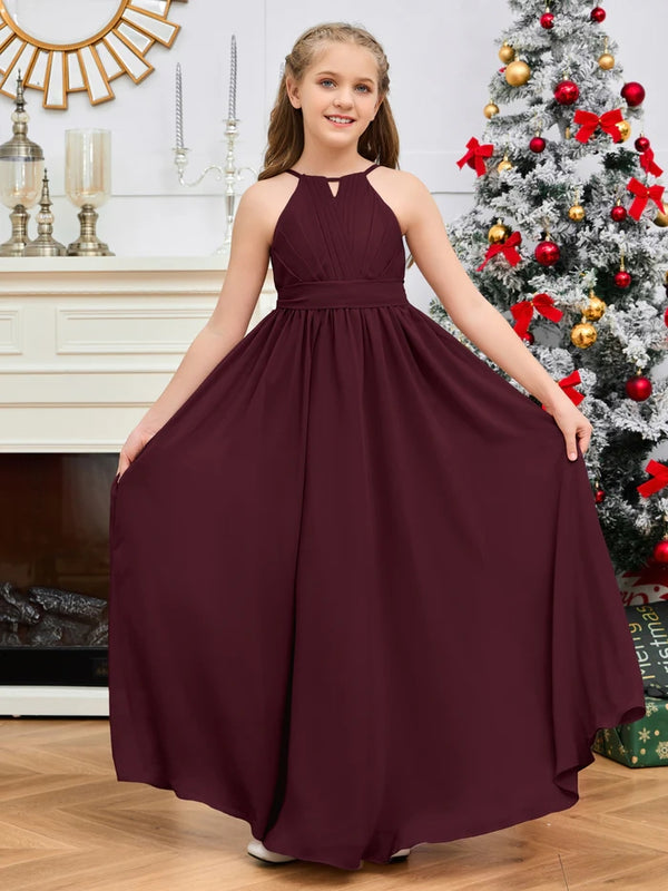 Halter A-Line Classic Floor-Length Chiffon Girls Birthday Dresses/Junior Bridesmaid Dress With Pleated/Belt Gidiondress