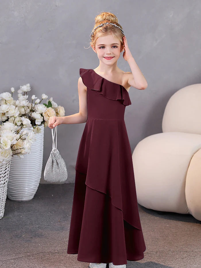 Girls Birthday Dresses One-Shoulder Sleeveless Chiffon Floor-Length Graceful Junior Bridesmaid Dress/Party Dresses With Ruffled Hem Gidiondress