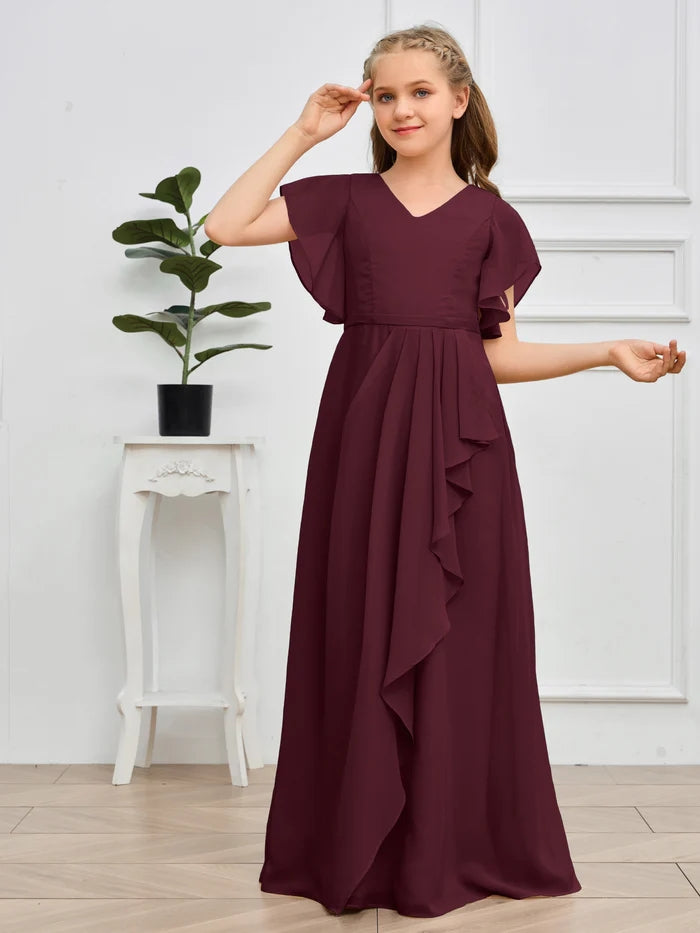 V-Neck Flutter straps Floor-Length Chiffon Junior Bridesmaid Dress/Girls Birthday Dresses Gidiondress