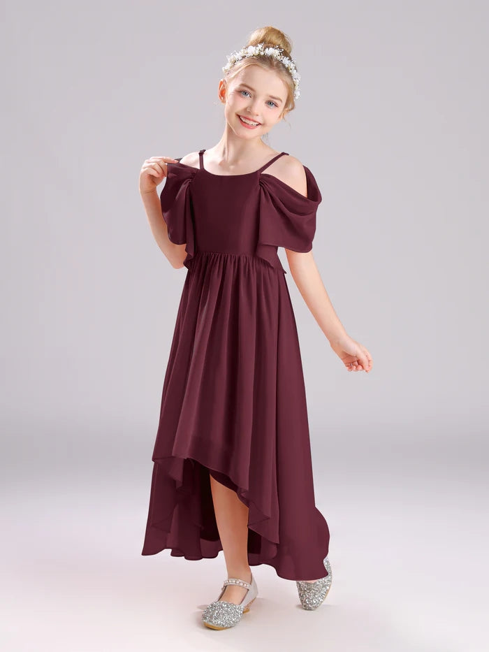 Girls Birthday Dresses Cold Shoulder Flutter Straps Chiffon Asymmetrical Junior Bridesmaid Dress/Party Dresses With Pleated Gidiondress Terracotta 12M