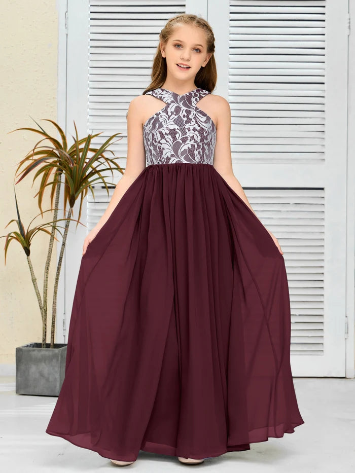 Halter Floor-Length Satin/Chiffon/Lace Junior Bridesmaid Dress/Girls Birthday Dresses Gidiondress