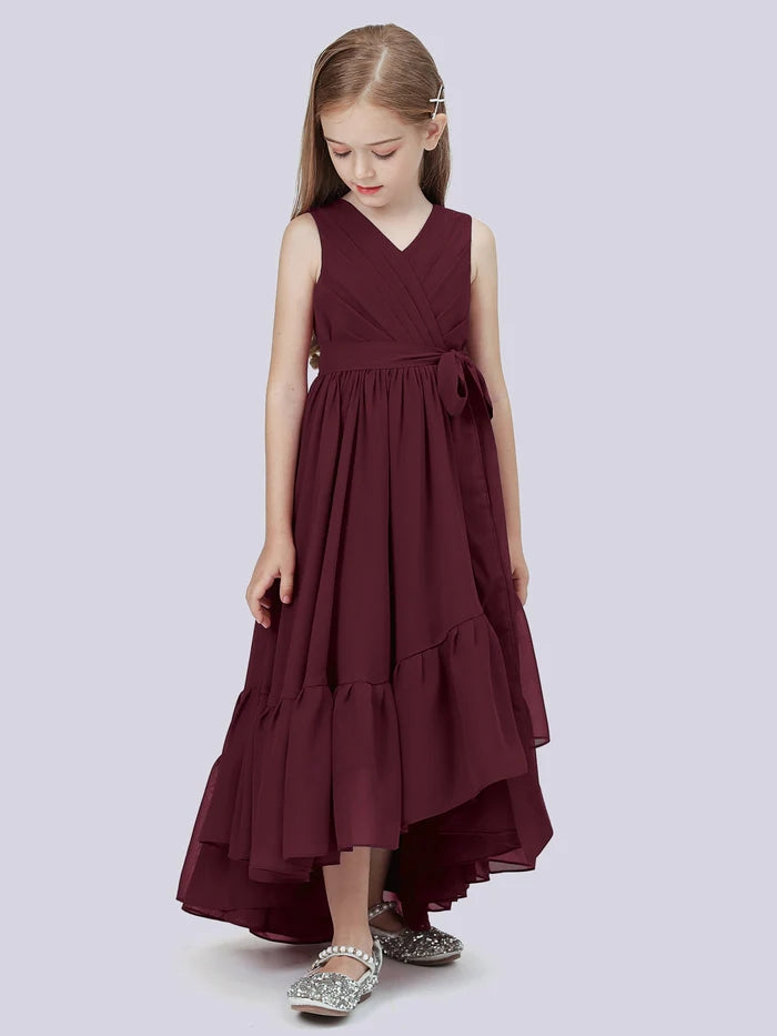 Asymmetrical Chiffon Junior Bridesmaid Dress/Girls Birthday Dresses With Pleated/Belt/Ruffled Gidiondress