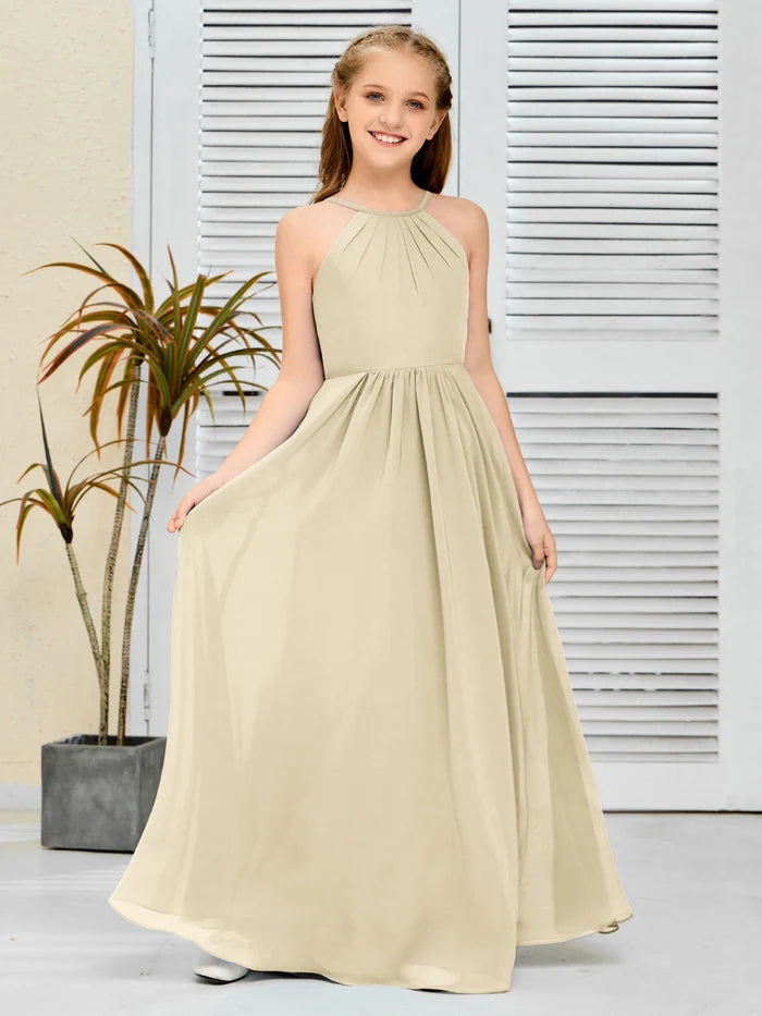 Halter Floor-Length Chiffon Simple Junior Bridesmaid Dress/Girls dress Gidiondress Champagne 12M