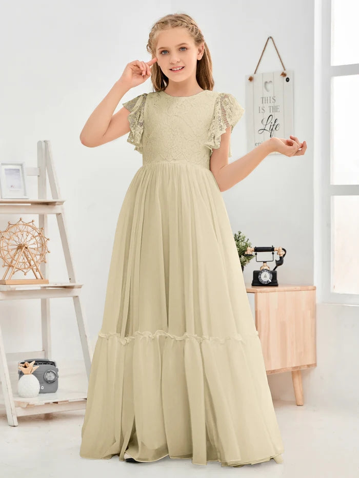 A-Line Scoop Neck Flutter straps Floor-Length Lace/Chiffon Junior Bridesmaid Dress/First Communion Dress With Lace Girls Gidiondress