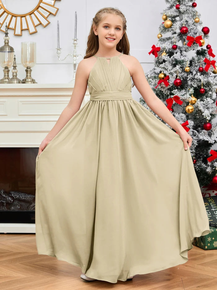 Halter A-Line Classic Floor-Length Chiffon Girls Birthday Dresses/Junior Bridesmaid Dress With Pleated/Belt Gidiondress