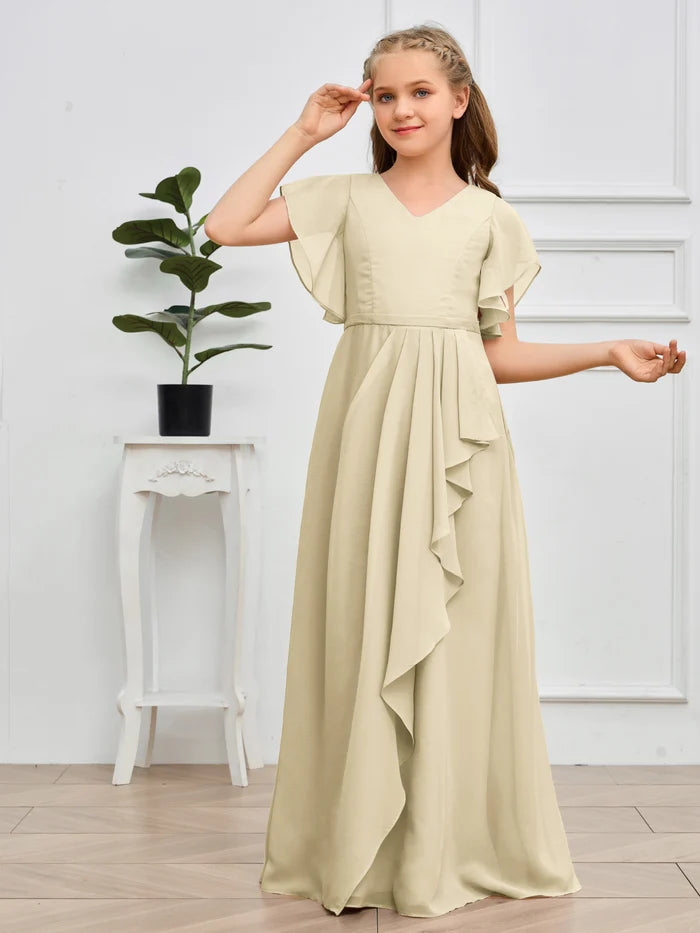 V-Neck Flutter straps Floor-Length Chiffon Junior Bridesmaid Dress/Girls Birthday Dresses Gidiondress