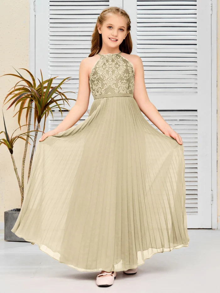 Floor-Length Lace/Chiffon Junior Bridesmaid Dress/Girls Birthday Dresses Gidiondress Champagne 12M