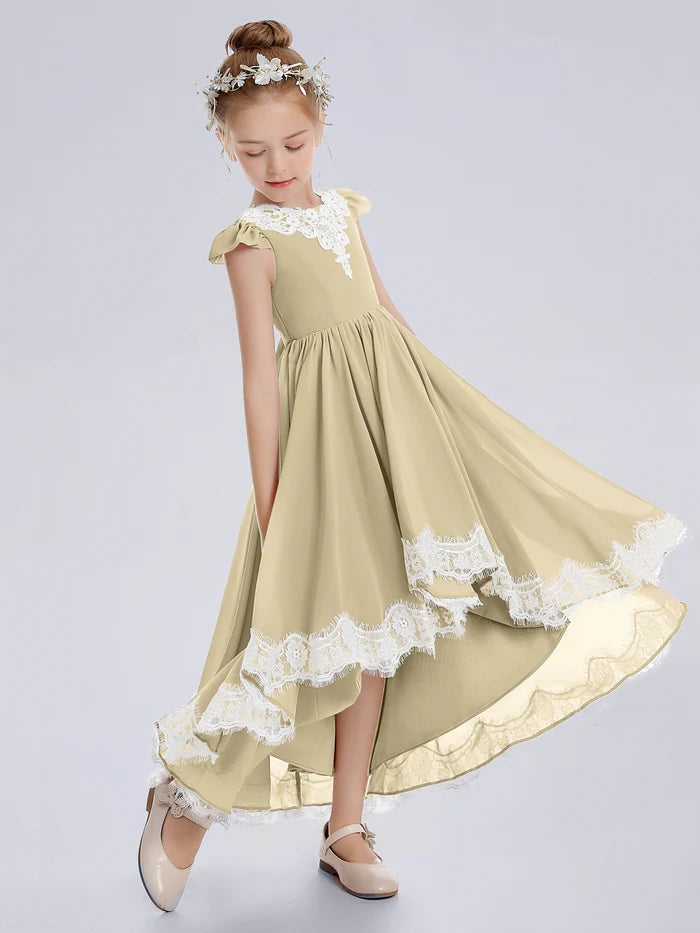 Asymmetrical Cap Sleeve Scoop Neck Cute Ankel-Length Lace/Chiffon Junior Bridesmaid Dress With Appliques Gidiondress Champagne 12M