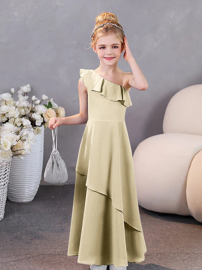 Girls Birthday Dresses One-Shoulder Sleeveless Chiffon Floor-Length Graceful Junior Bridesmaid Dress/Party Dresses With Ruffled Hem Gidiondress